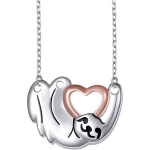 925 Sterling Silver Cute Animal Sloth Heart Pendant Necklace